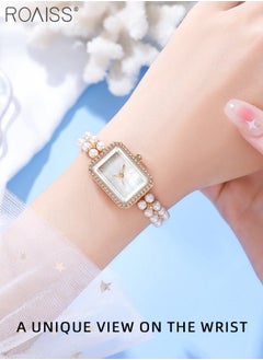 roaiss Women's Pearl Bracelet Strap Quartz Watch Analog Display Rectangle Dial Decorated with Rhinestones Waterproof Stylish Wristwatch as Gift for Ladies  - Image 2