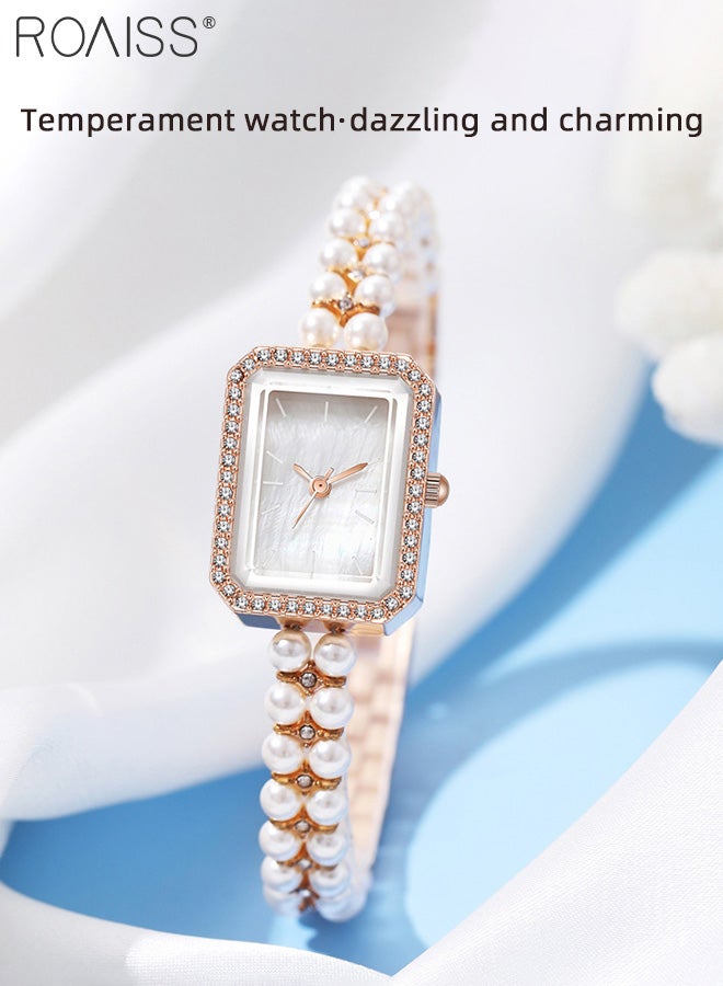 roaiss Women's Pearl Bracelet Strap Quartz Watch Analog Display Rectangle Dial Decorated with Rhinestones Waterproof Stylish Wristwatch as Gift for Ladies - Image 3