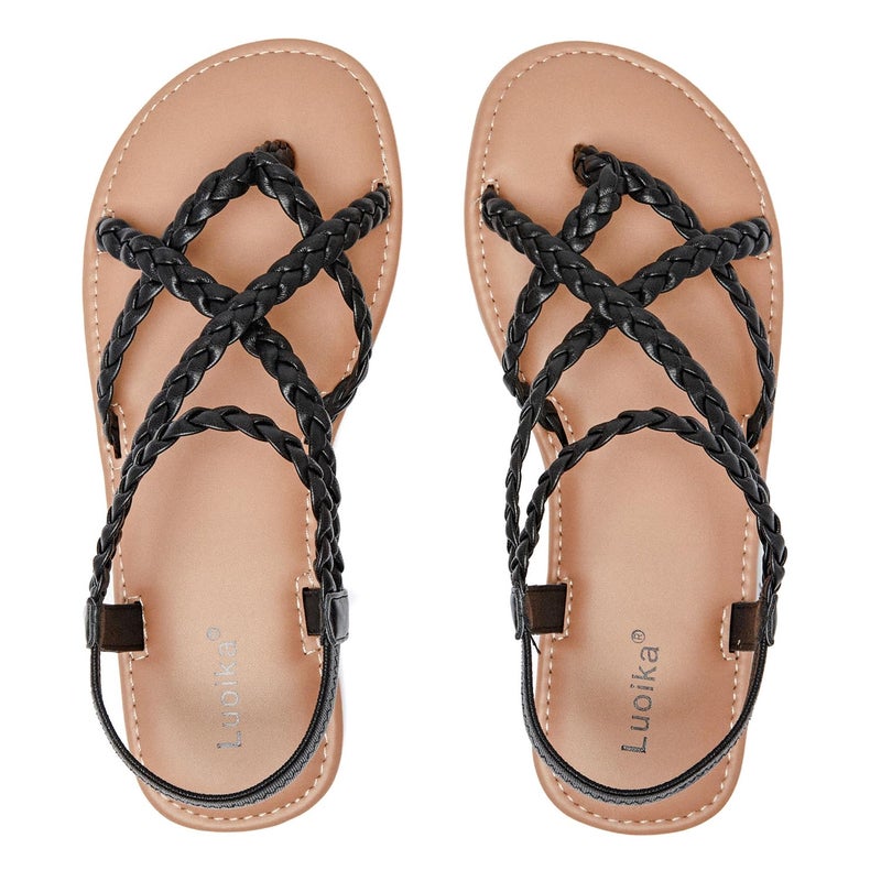 Luoika Women's Wide Width Flat Sandals, Flip Flop Casual Strapy Sandals Slip on Summer Beach Shoes for Women.812 Black 8XW - Image 1