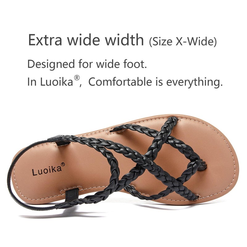 Luoika Women's Wide Width Flat Sandals, Flip Flop Casual Strapy Sandals Slip on Summer Beach Shoes for Women.812 Black 8XW - Image 4