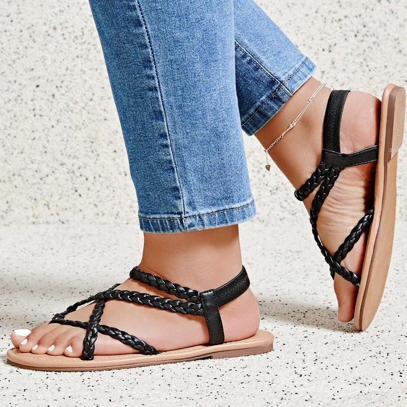 Luoika Women's Wide Width Flat Sandals, Flip Flop Casual Strapy Sandals Slip on Summer Beach Shoes for Women.812 Black 8XW - Image 2