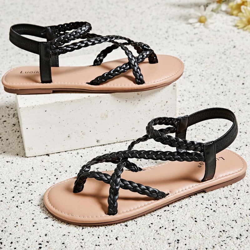 Luoika Women's Wide Width Flat Sandals, Flip Flop Casual Strapy Sandals Slip on Summer Beach Shoes for Women.812 Black 8XW - Image 3