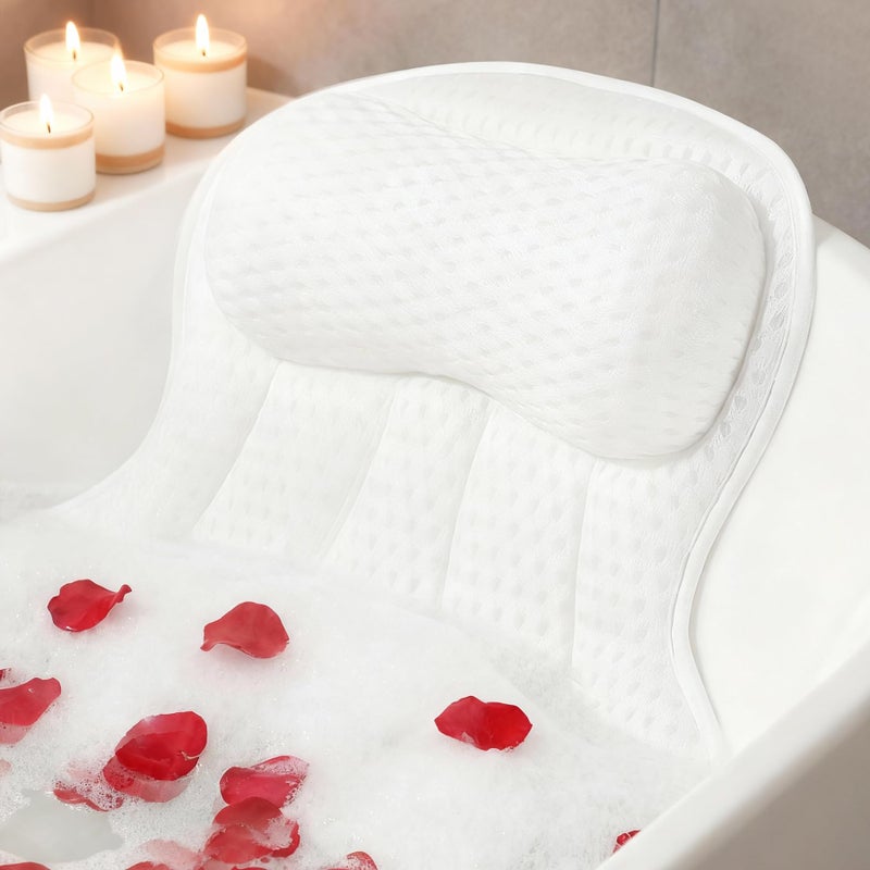 AmazeFan Luxury Bath Pillow,Ergonomic Bathtub Spa Pillow with 4D Air Mesh Technology and 6 Suction Cups,Helps Support Head,Back and Neck,Fits All Bathtub,Hot Tub and Home Spa (US Patent) (White) - Image 1