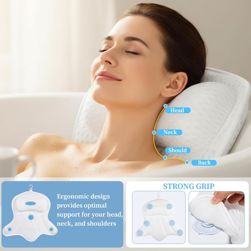 AmazeFan Luxury Bath Pillow,Ergonomic Bathtub Spa Pillow with 4D Air Mesh Technology and 6 Suction Cups,Helps Support Head,Back and Neck,Fits All Bathtub,Hot Tub and Home Spa (US Patent) (White) - Image 2