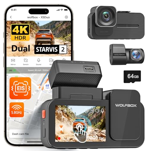 WOLFBOX X5 Duo كاميرا داش 4K+2.5K مضادة للاهتزاز، 8MP STARVIS 2 IMX678 IMX675، كاميرا سيارة مزدوجة أمامية وخلفية، واي فاي 5.8GHz، جي بي إس، بطاقة 64GB مشمولة، تحكم صوتي، شاشة لمس، وضع الركن - Image 1