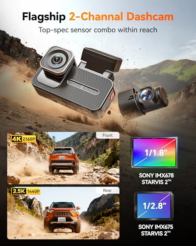 WOLFBOX X5 Duo كاميرا داش 4K+2.5K مضادة للاهتزاز، 8MP STARVIS 2 IMX678 IMX675، كاميرا سيارة مزدوجة أمامية وخلفية، واي فاي 5.8GHz، جي بي إس، بطاقة 64GB مشمولة، تحكم صوتي، شاشة لمس، وضع الركن - Image 2