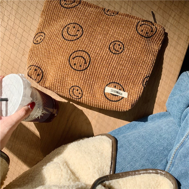 Corduroy Polka Dot Makeup Clutch Retro Smile Brown Smiley