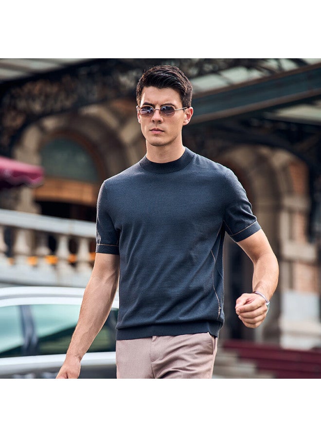 Mr. Bu Mr. Bu Washable Short-sleeve Wool T-shirt For Men, Autumn And Winter Base Layer Knit Sweater, Embroidered - Mineral Gray, L/175  - Image 2
