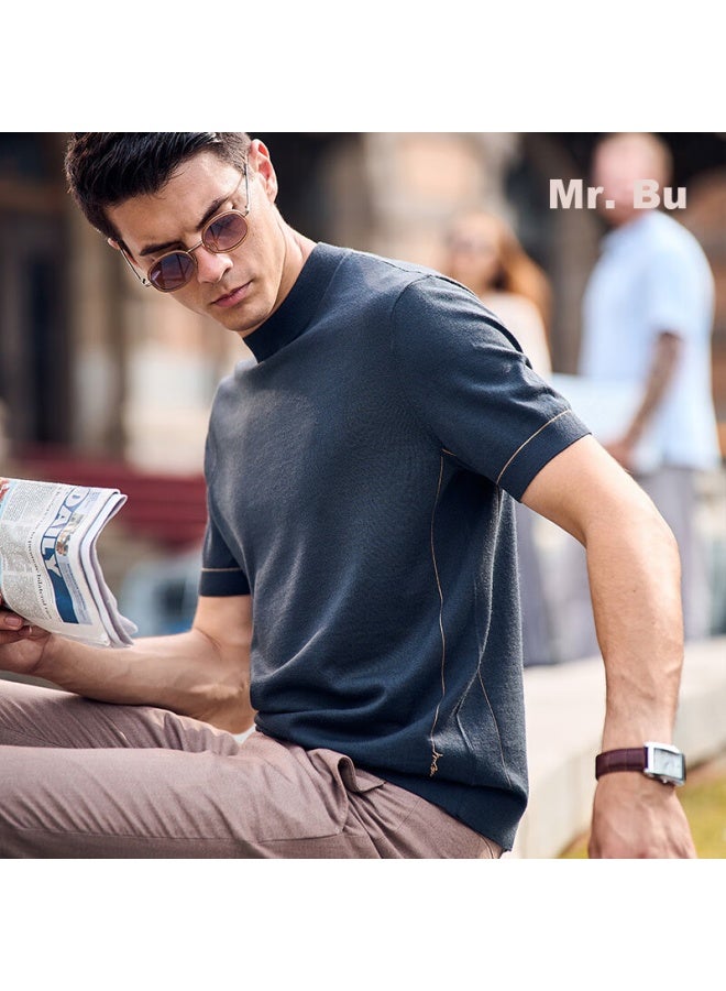 Mr. Bu Mr. Bu Washable Short-sleeve Wool T-shirt For Men, Autumn And Winter Base Layer Knit Sweater, Embroidered - Mineral Gray, L/175  - Image 1