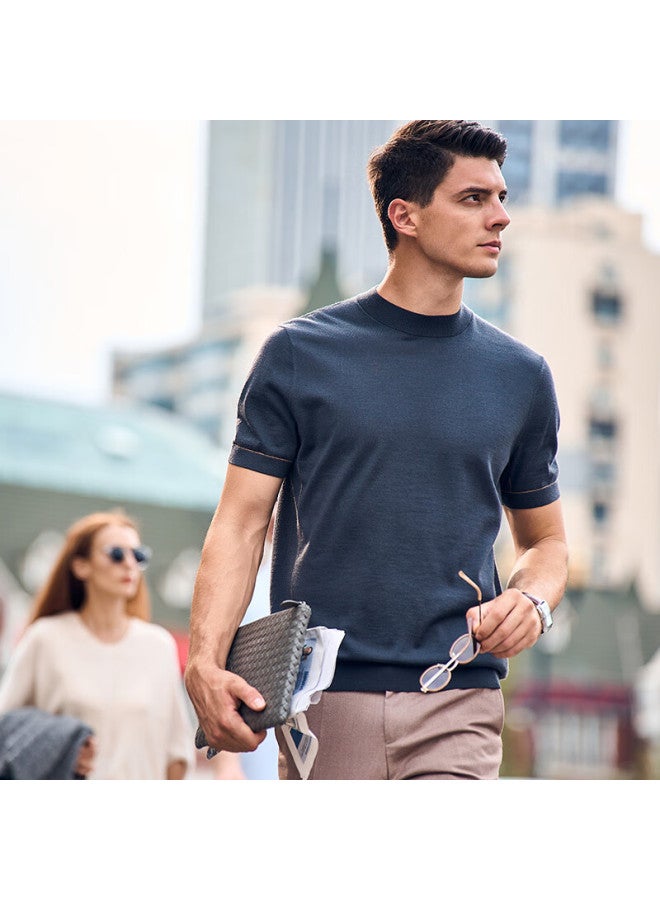 Mr. Bu Mr. Bu Washable Short-sleeve Wool T-shirt For Men, Autumn And Winter Base Layer Knit Sweater, Embroidered - Mineral Gray, L/175  - Image 4