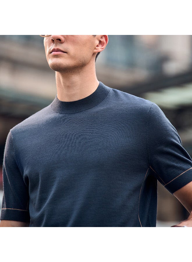 Mr. Bu Mr. Bu Washable Short-sleeve Wool T-shirt For Men, Autumn And Winter Base Layer Knit Sweater, Embroidered - Mineral Gray, L/175  - Image 5