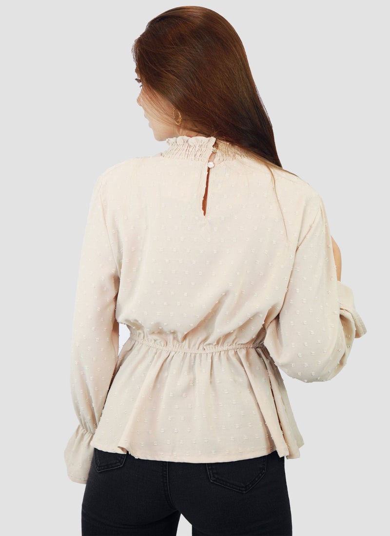 Kidwala Women'S Tops, Tees & Blouses Ruffled Lantern Sleeves Beige Swiss Dot Blouse With Elastic Waistband & Back Covered Button - Image 4