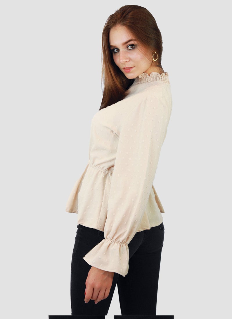 Kidwala Women'S Tops, Tees & Blouses Ruffled Lantern Sleeves Beige Swiss Dot Blouse With Elastic Waistband & Back Covered Button - Image 5