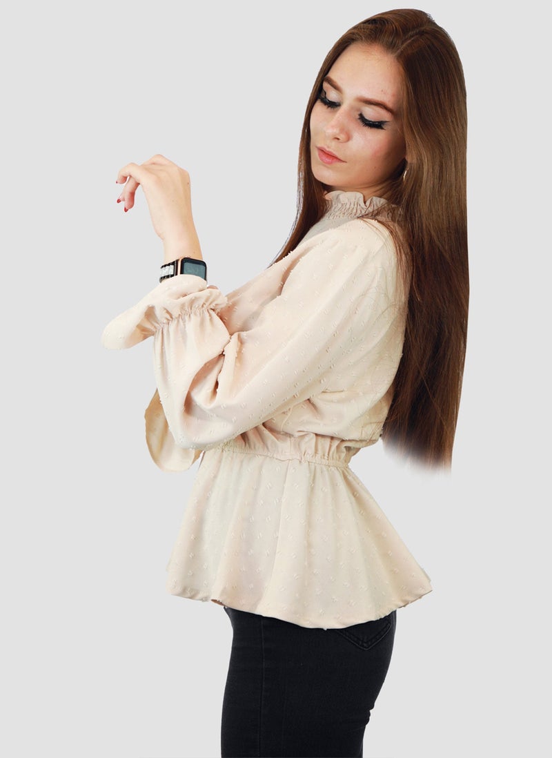 Kidwala Women'S Tops, Tees & Blouses Ruffled Lantern Sleeves Beige Swiss Dot Blouse With Elastic Waistband & Back Covered Button - Image 2