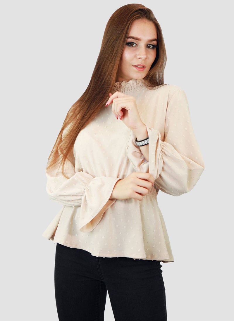 Kidwala Women'S Tops, Tees & Blouses Ruffled Lantern Sleeves Beige Swiss Dot Blouse With Elastic Waistband & Back Covered Button - Image 1