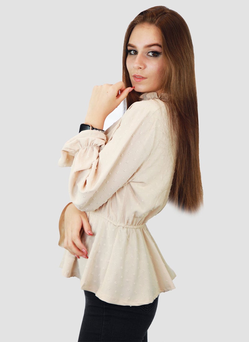 Kidwala Women'S Tops, Tees & Blouses Ruffled Lantern Sleeves Beige Swiss Dot Blouse With Elastic Waistband & Back Covered Button - Image 3