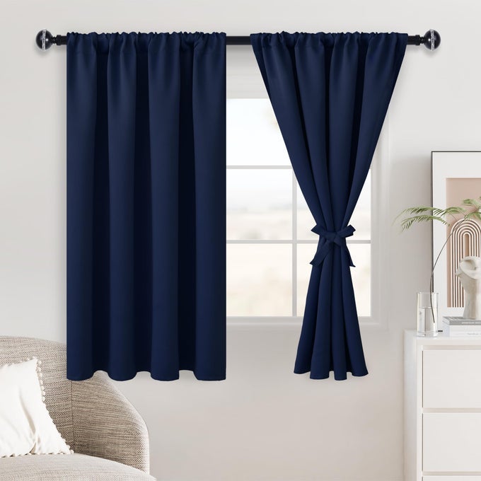 BLACKOUT CURTAINS FOR BEDROOM THERMAL INSULATED ROOM DARKENING ROD POCKET CURTAINS FOR LIVING ROOM SET OF 2 PANELS WITH TIEBACKS 38 X 45 INCH LENGTH NAVY BLUE