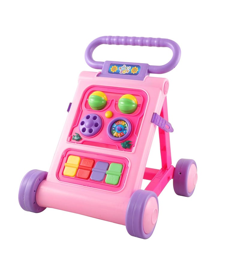 JoyRide Musical Folding Baby Activity Push Walker with Flipping Doors, Turning Gears, and Spinning Panels 4 Colors, Non-Toxic Plastic, Boys Girls 9-18 Months (Pink) - Image 1