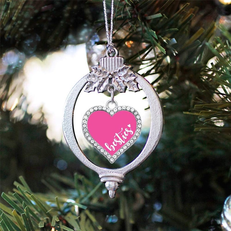 Inspired Silver - Besties - Pink - Silver Christmas Ornament - Open Heart Charm Christmas Tree Ornament with Cubic Zirconia - Holiday Hanging Decoration - Image 2