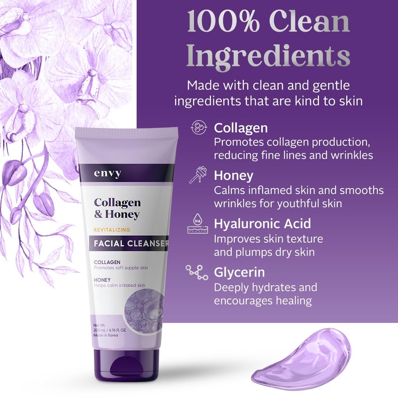 Envy Facial Cleanser with Collagen & Honey - Reduces Fine Lines, Wrinkles & Hydrating - Clean, Cruelty-Free Korean Skin Care for All Skin Types - Dermatologist Tested - 6.76 oz - Image 4
