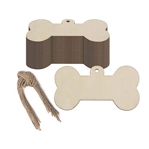 JANOU 24pcs Bone Shaped Wooden Cutouts Unfinished Wood Dog Bone Wood DIY Craft Embellishments Tags Ornaments Decoration with Ropes, 4.1x2.2 in - Image 1