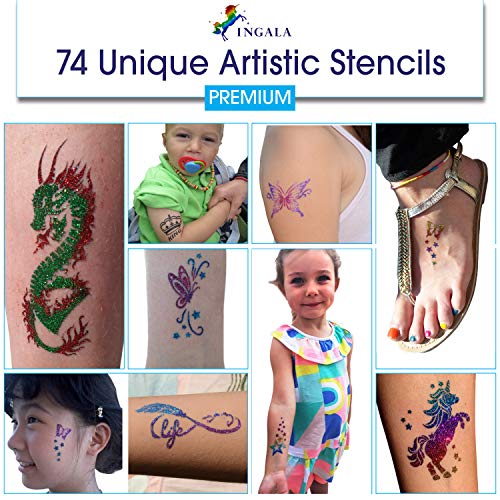 INGALA Premium Glitter Temporary Tattoo Kit for Boys and Girls, 74 Stencils, 16 Colors and 2X 0.5 fl.oz Body Glue for Body Glitter Fake Tattoos for Kids Makeup Tattoo Supplies Party Favors Party Supplies - Image 4