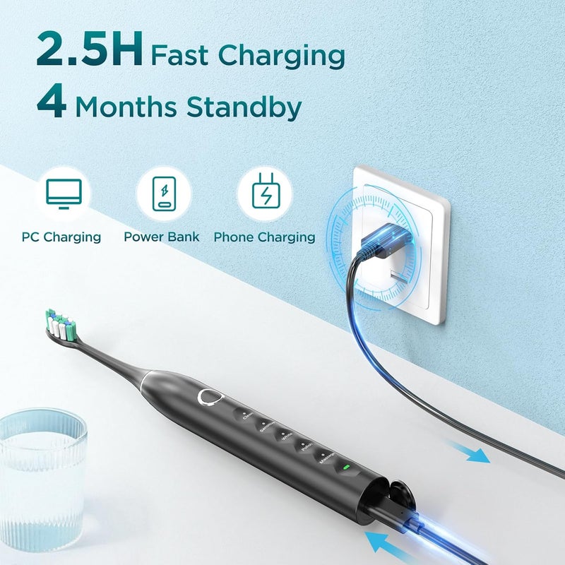 Fronix Electric Toothbrush for Adults with 8 Brush Heads, Sonic Toothbrush Rechargeable with a Holder & Travel Case, 2.5 Hours Charge for 120 Days Use - Image 4