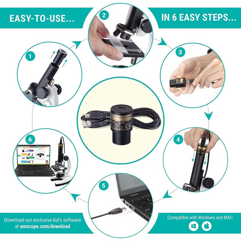 AmScope AmScope  M40KMDM35 IQCREW by 120X  1200X Kids 85 Piece Premium Microscope STEM Kit with Color Camera Interactive Kids Friendly Software Prepared and Blank Slides and More  - Image 4