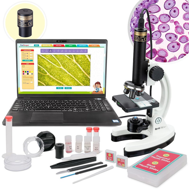 AmScope AmScope  M40KMDM35 IQCREW by 120X  1200X Kids 85 Piece Premium Microscope STEM Kit with Color Camera Interactive Kids Friendly Software Prepared and Blank Slides and More  - Image 1