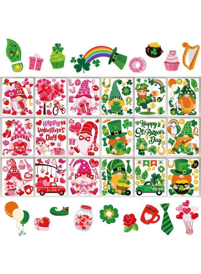 Whaline 18 Sheets St. Patrick's Day Valentine's Day Window Clings Pink Love Heart Tree Cute Gnome Green Shamrock Window Decals Window Decor for Home School Office Decor Party Supplies - Image 1
