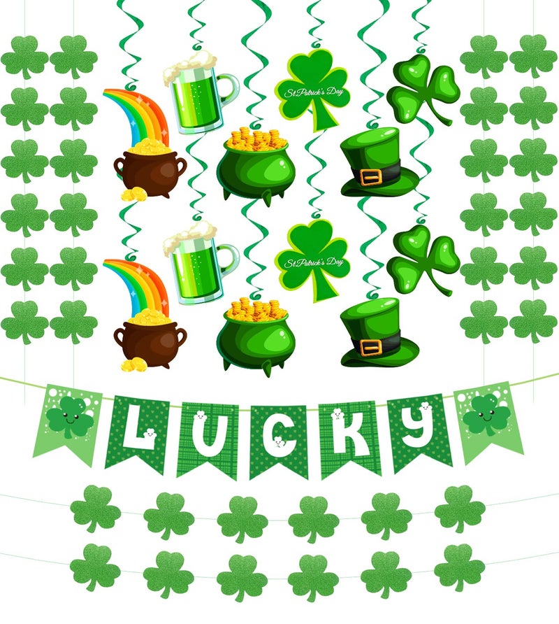 Yunfan 31Pcs St Patricks Day Decorations Pre-Assembled Shamrock Lucky Banner Garlands Clover Hanging Swirls Irish Decor for Home Saint Patrick Party Supplies - Image 1