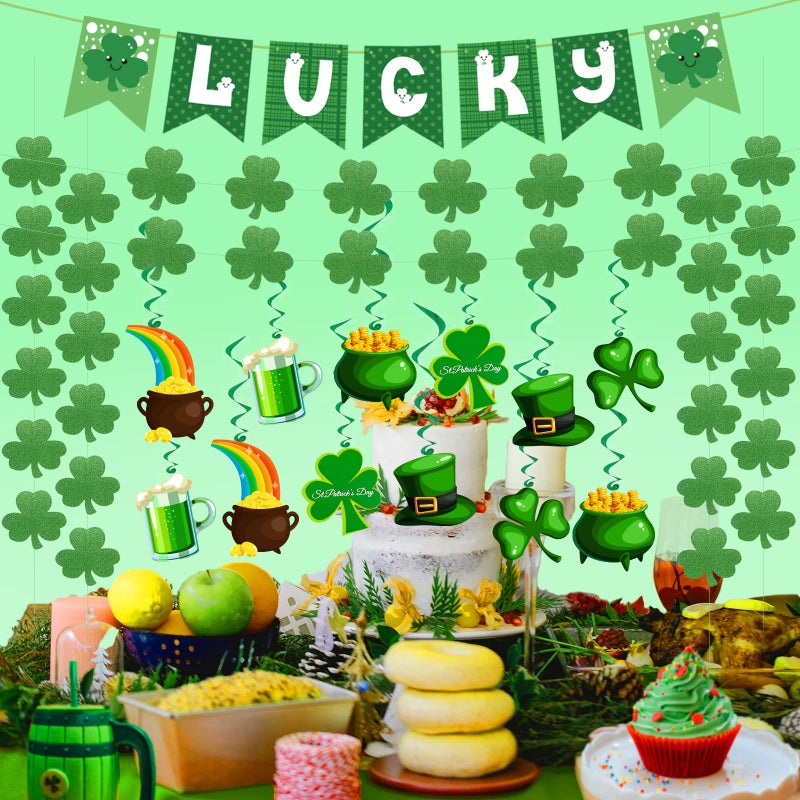Yunfan 31Pcs St Patricks Day Decorations Pre-Assembled Shamrock Lucky Banner Garlands Clover Hanging Swirls Irish Decor for Home Saint Patrick Party Supplies - Image 3