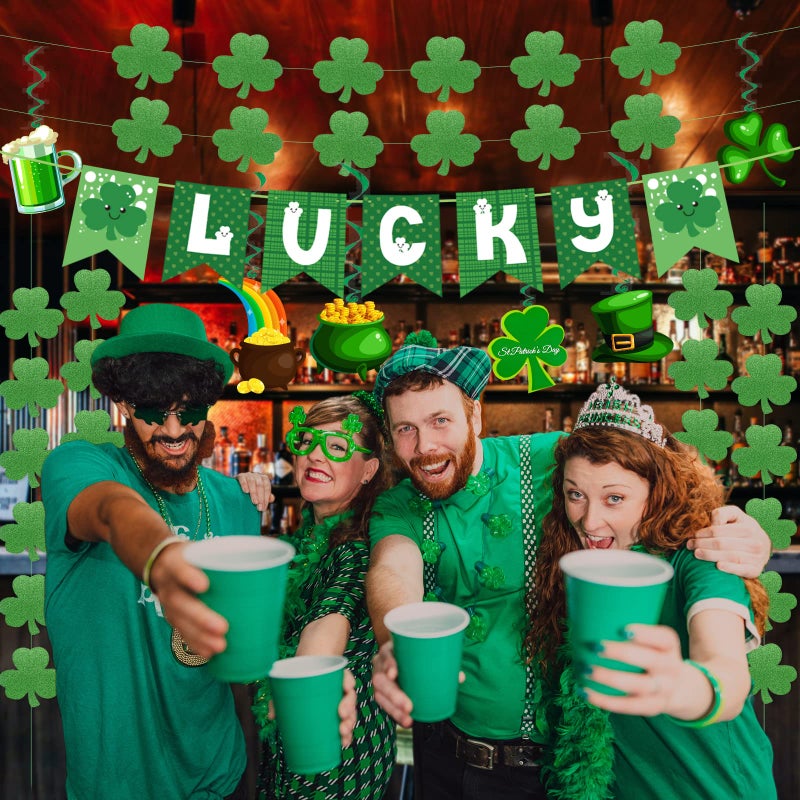 Yunfan 31Pcs St Patricks Day Decorations Pre-Assembled Shamrock Lucky Banner Garlands Clover Hanging Swirls Irish Decor for Home Saint Patrick Party Supplies - Image 5