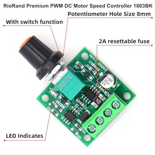 RioRand Ver.2.0 Premium PWM DC Motor Speed Controller 1803BK | 1.8V-12V Max 15V 2A with Self-Recovery Fuse & On/Off Switch for DIY Electronics Low Voltage LED Dimming 2PCS - Image 3