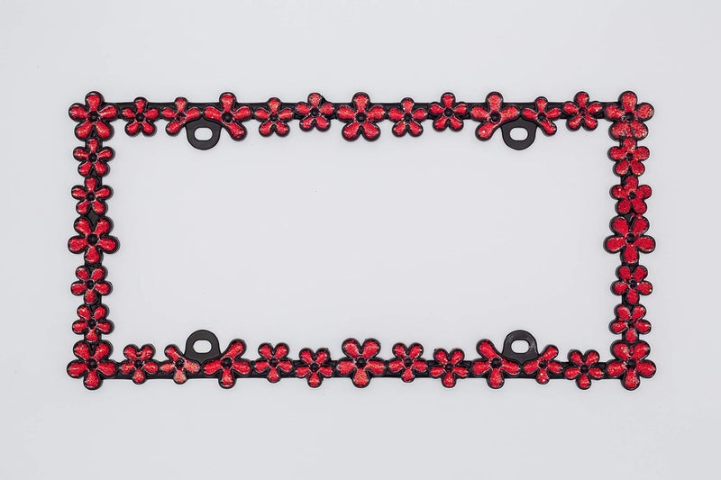CRAFTHOME 3D Shining Daisy Wrenth License Plate Frame from Pure Zinc Alloy Metal Perfect Plate Holder,Matt Black with Red Glitter - Image 2