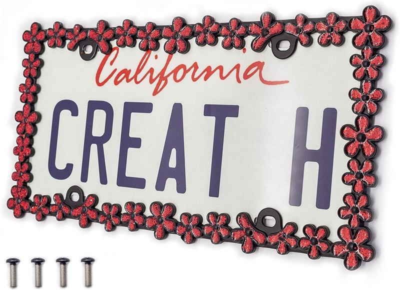 CRAFTHOME 3D Shining Daisy Wrenth License Plate Frame from Pure Zinc Alloy Metal Perfect Plate Holder,Matt Black with Red Glitter - Image 1