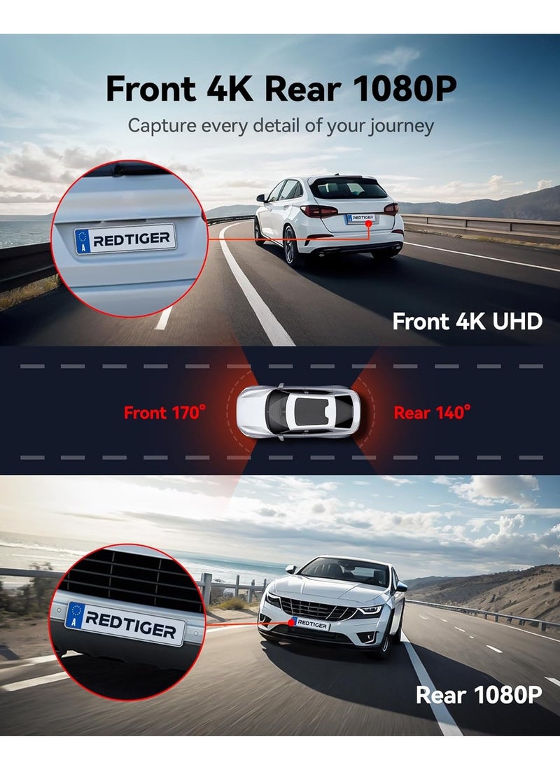 Generic - REDTIGER 4K Dash Cam Front and Rear, Touch Screen 3.18 Inch Car Dash Camera Built-in WiFi GPS - Image 1