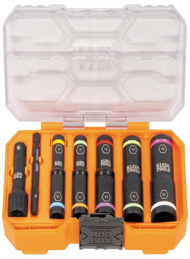 Klein Tools 65619 KNECT Flip-10 Metric Impact Socket Set, Deep Sockets, 5 Color-Coded Flip Sockets, 10 Metric Socket Sizes, 1/4 and 3/8-Inch Adapters, MODbox Case - Image 1