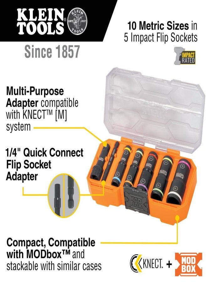 Klein Tools 65619 KNECT Flip-10 Metric Impact Socket Set, Deep Sockets, 5 Color-Coded Flip Sockets, 10 Metric Socket Sizes, 1/4 and 3/8-Inch Adapters, MODbox Case - Image 2