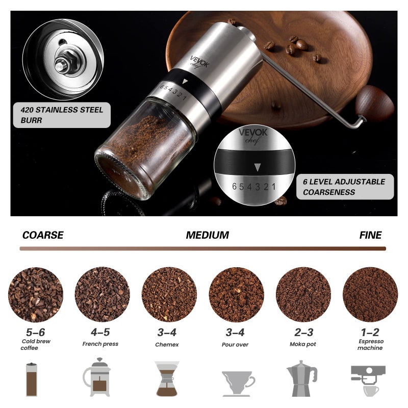 VEVOK CHEF Manual Coffee Grinder Stainless Steel Burr Grinder 6 External Adjustable Setting Vintage Hand Coffee Grinder Portable Hand Crank Conical Coffee Bean Grinder Mill for Home,Camping - Image 2
