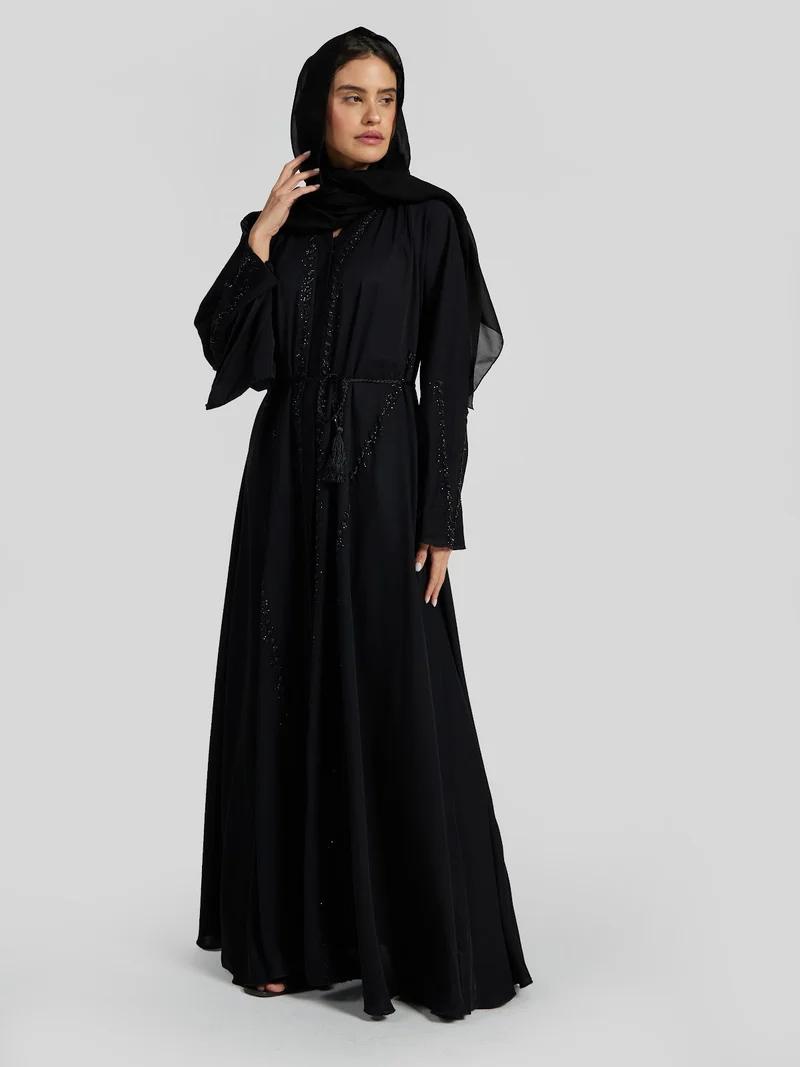 عباءات ريم Elegant Black Beaded Abaya with Tassel Waist Belt