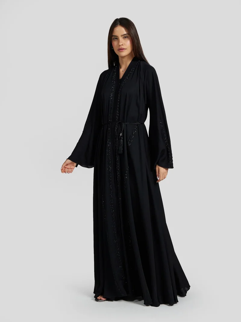 عباءات ريم Elegant Black Beaded Abaya with Tassel Waist Belt