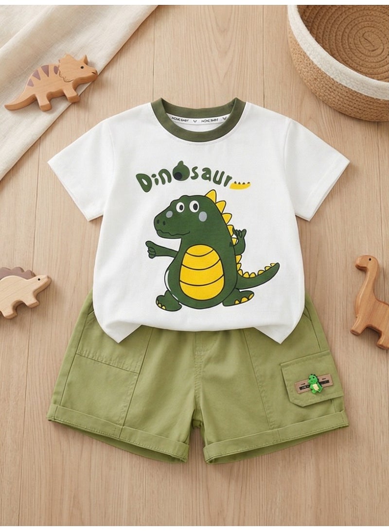 Baby Boys' Summer Outfit Set Cartoon Dinosaur Printed Short-Sleeve T-Shirt + Cargo Shorts 2-Piece Set - Image 5