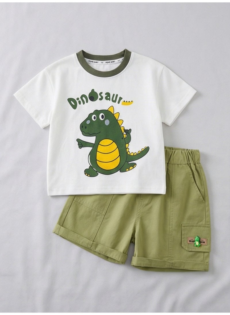 Baby Boys' Summer Outfit Set Cartoon Dinosaur Printed Short-Sleeve T-Shirt + Cargo Shorts 2-Piece Set - Image 4