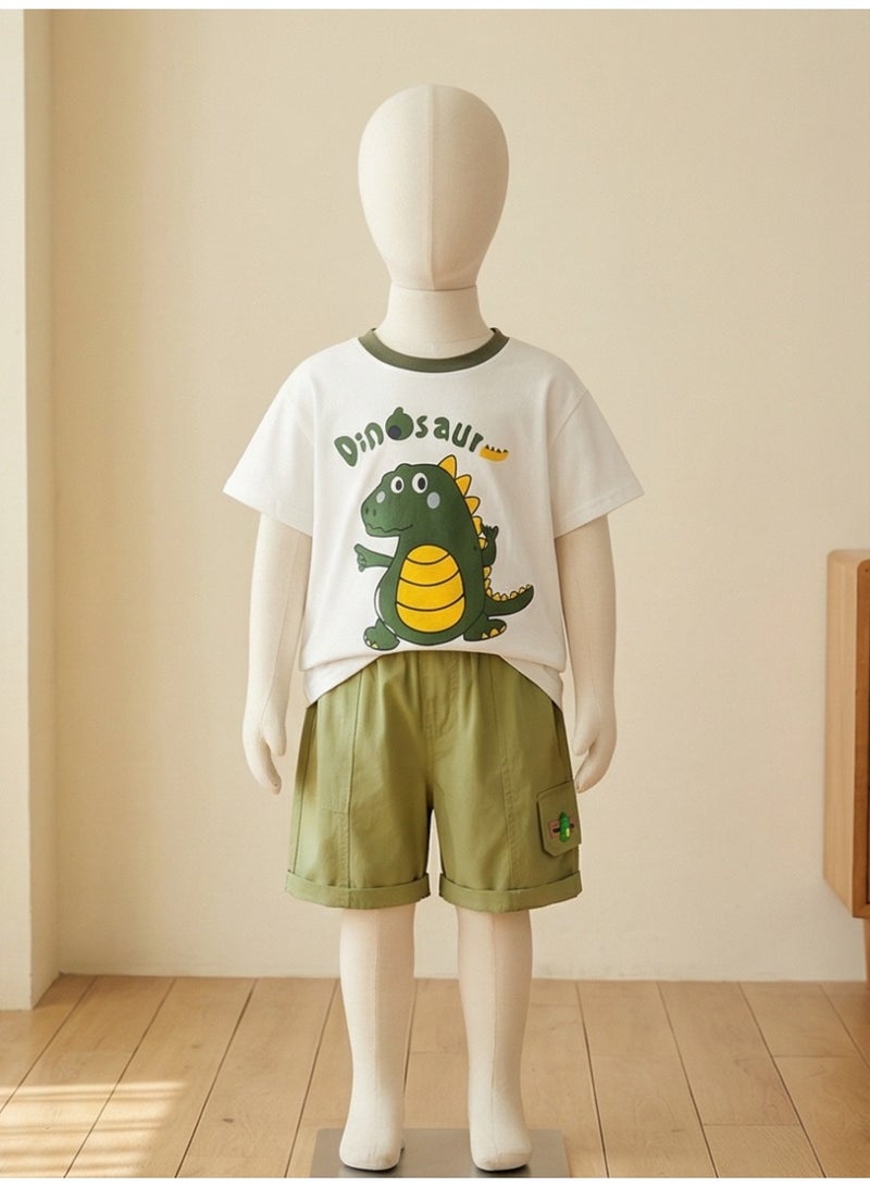 Baby Boys' Summer Outfit Set Cartoon Dinosaur Printed Short-Sleeve T-Shirt + Cargo Shorts 2-Piece Set - Image 3