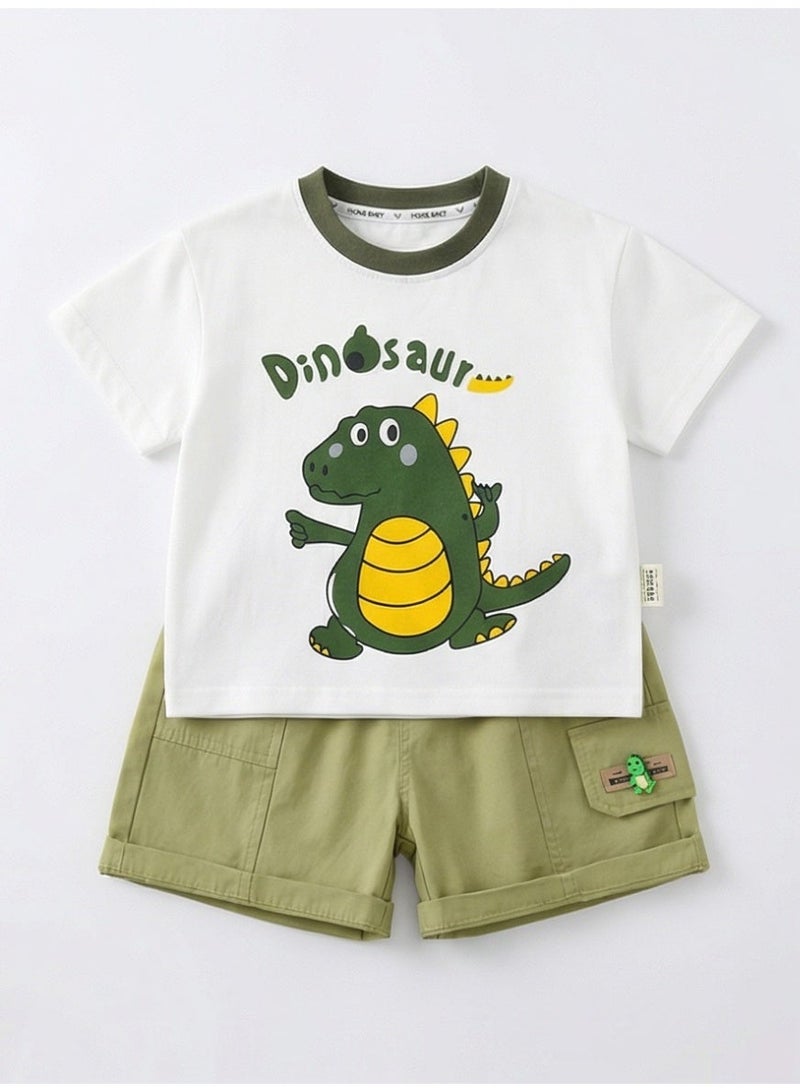 Baby Boys' Summer Outfit Set Cartoon Dinosaur Printed Short-Sleeve T-Shirt + Cargo Shorts 2-Piece Set - Image 1