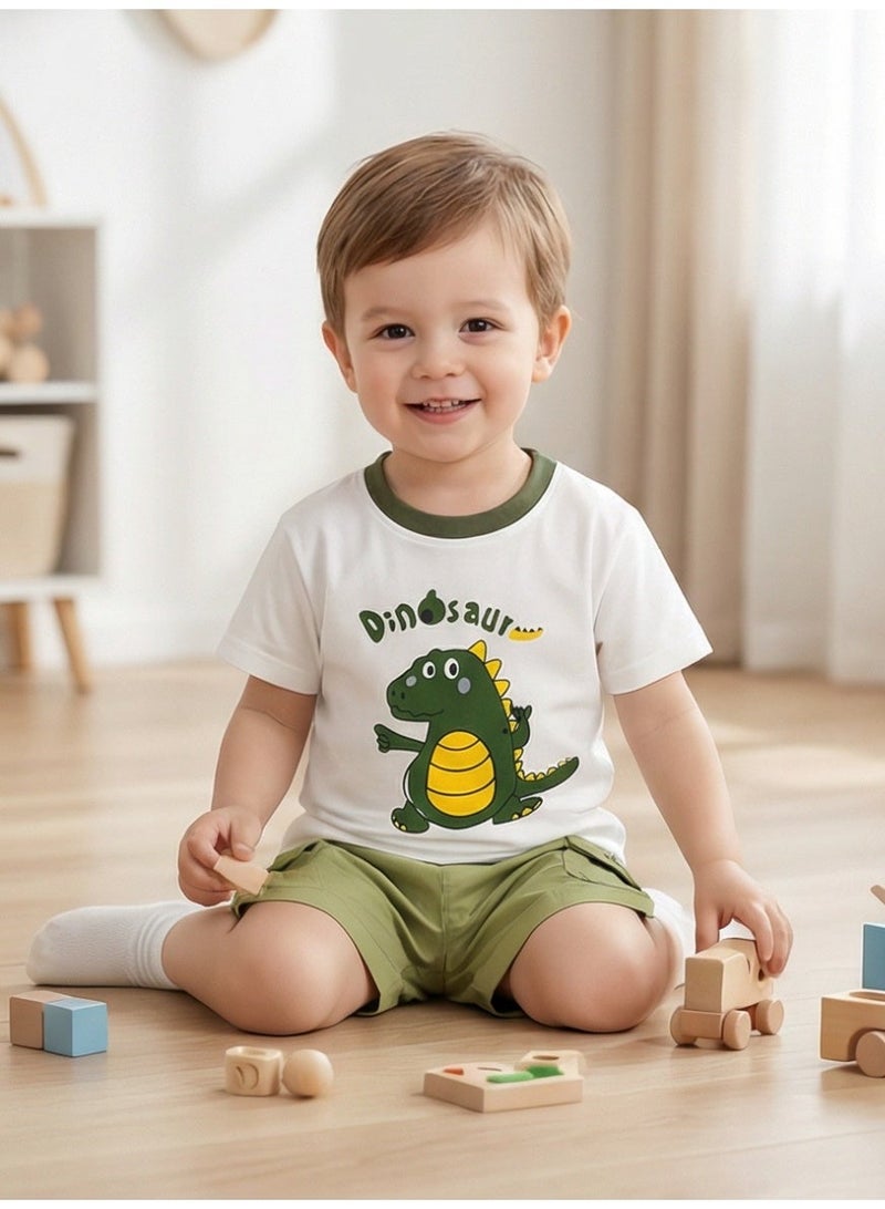 Baby Boys' Summer Outfit Set Cartoon Dinosaur Printed Short-Sleeve T-Shirt + Cargo Shorts 2-Piece Set - Image 2