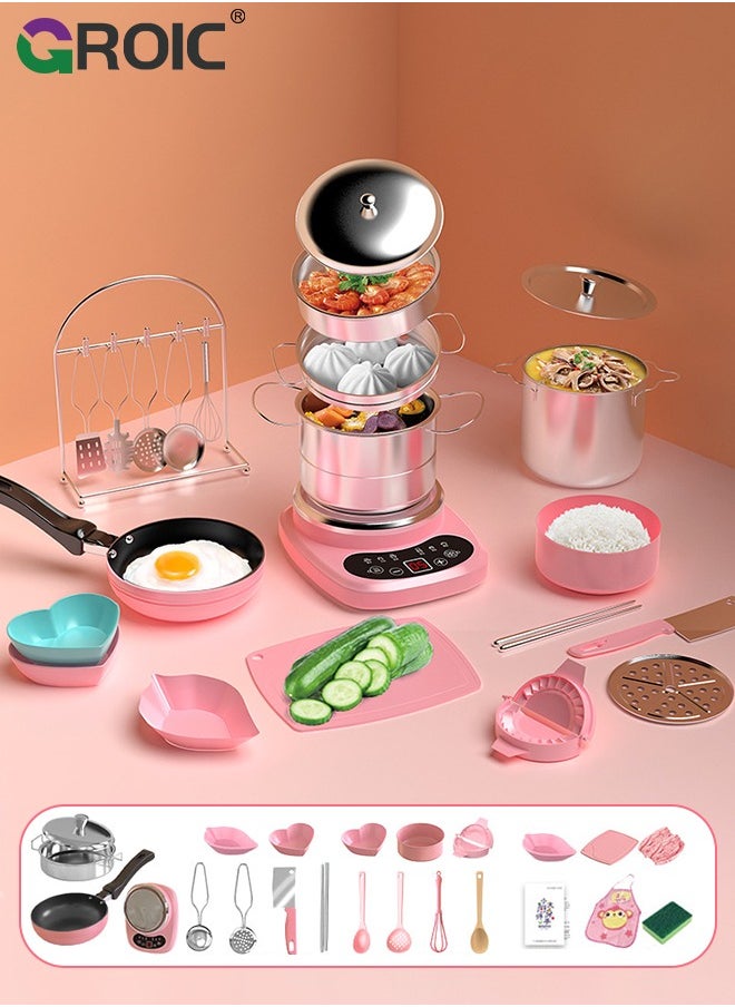 GROIC 24PCS Kid Cooking Set,Montessori Kitchen Tools,Utensils includes Stove Burner Aprons Cooking Tool for Real Food Making,Play Food Set for Kids Kitchen,Play Kitchen Appliances(Pink)  - Image 1