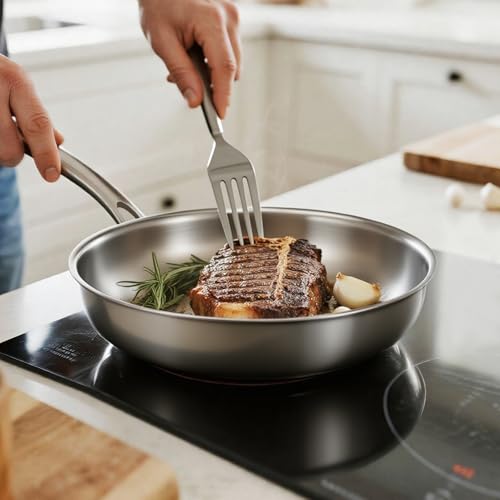 Kirecoo Tri-Ply Stainless Steel Pan - 12 Inch Frying Pan, Fast and Even Heat Stainless Steel Skillet, Induction Cookware, Dishwasher and Oven Safe Skillet - Image 4