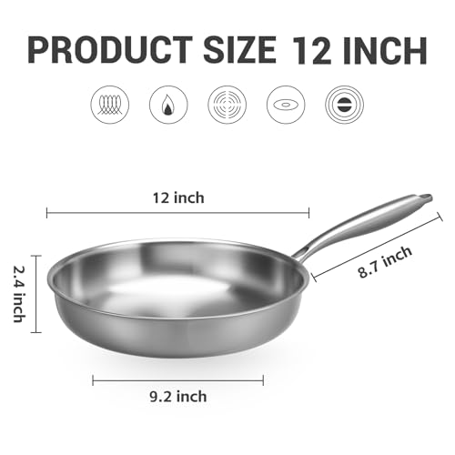 Kirecoo Tri-Ply Stainless Steel Pan - 12 Inch Frying Pan, Fast and Even Heat Stainless Steel Skillet, Induction Cookware, Dishwasher and Oven Safe Skillet - Image 2